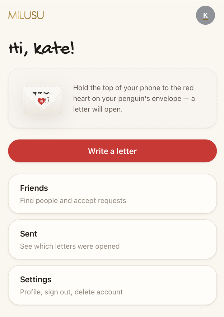 MILUSU app home screen with a “Write a letter” button