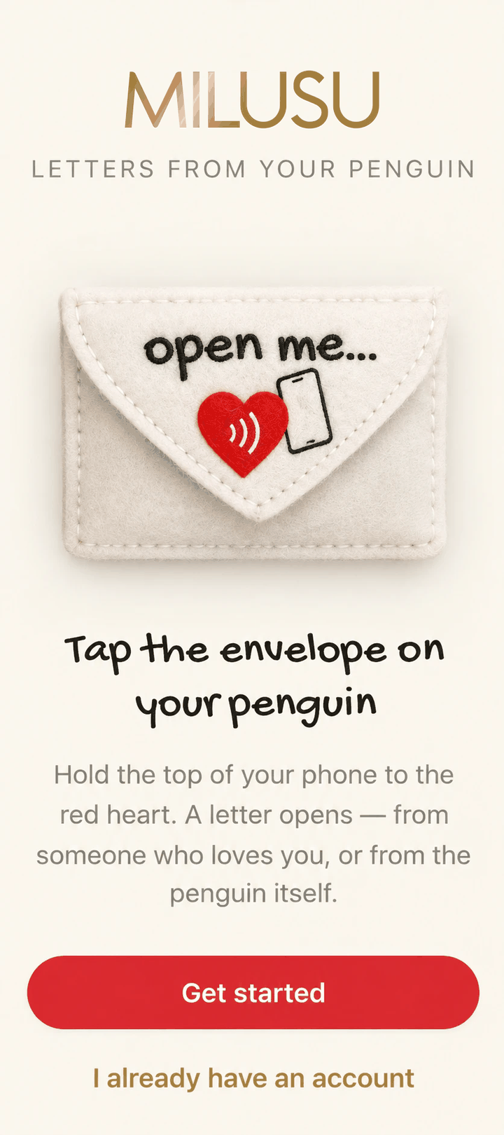 MILUSU app screen: “Tap the envelope on your penguin”