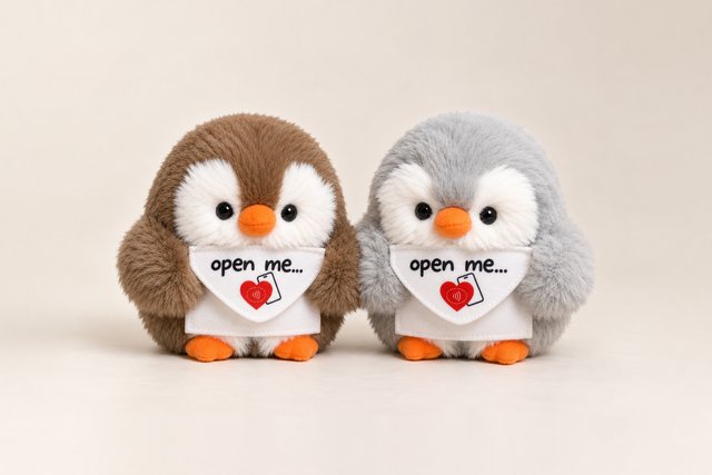 Brown and grey MILUSU penguins side by side