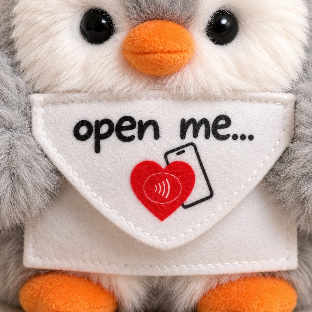 Close-up of the envelope on the penguin’s chest: “open me…” and a red heart