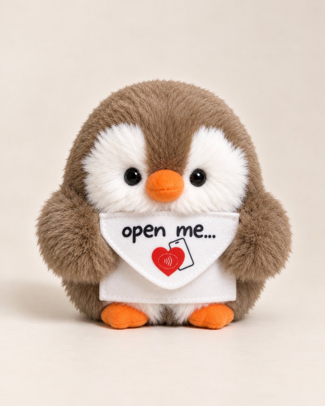 Brown MILUSU penguin with a white envelope that reads “open me…”