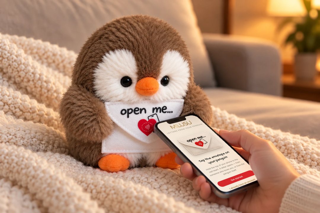 A hand touching the top of a phone, screen up, to the red heart on a brown MILUSU penguin’s envelope; the MILUSU app on screen shows the “open me…” envelope